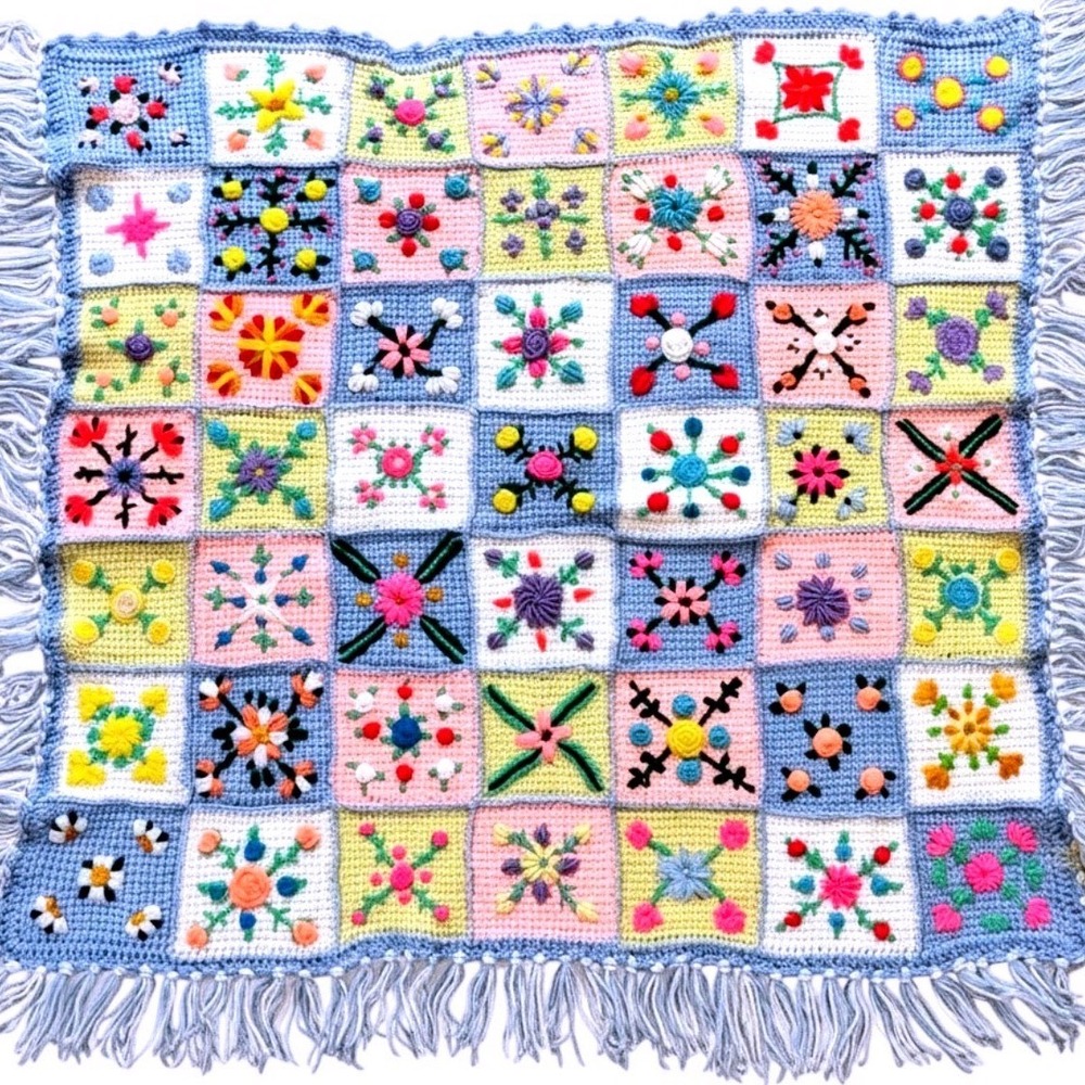 Handmade Baby Blanket Kids OS Multicolor Good Vintage Crochet Floral Patchwork